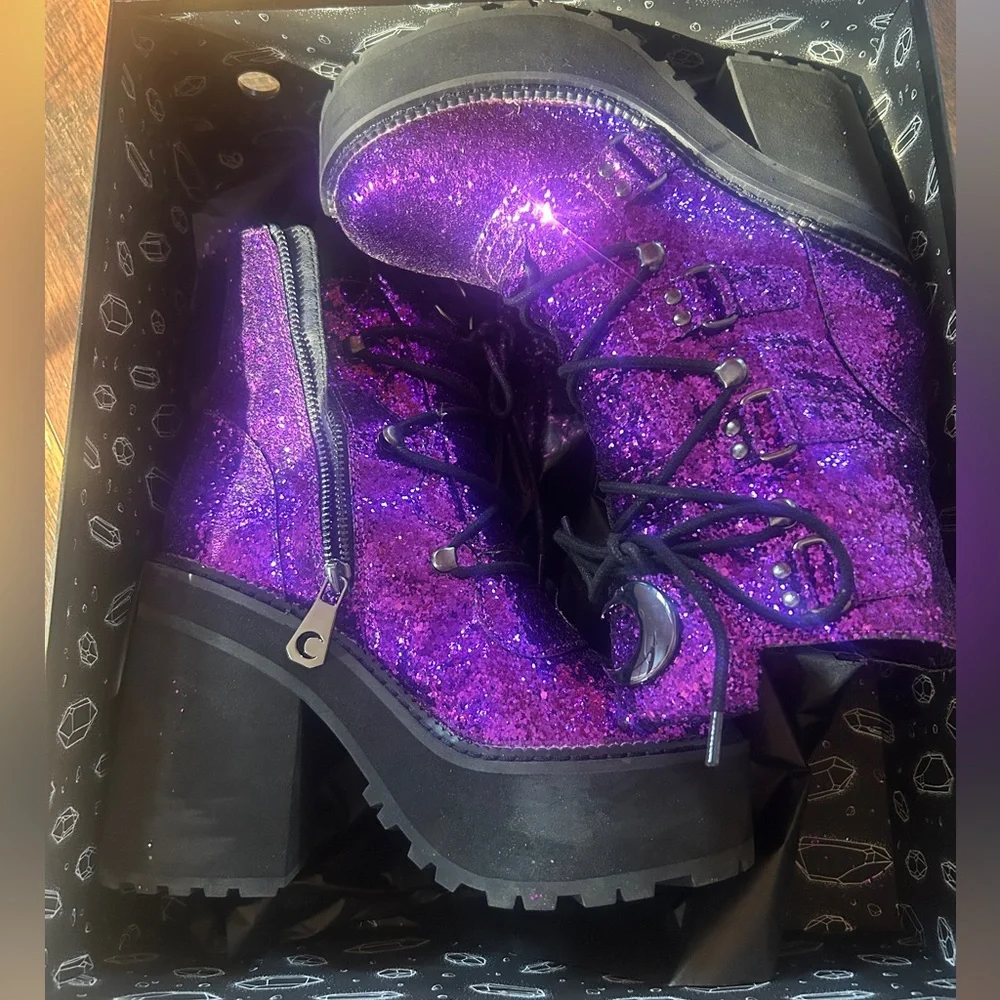 Killstar Broom Rider Purple Glitter Heeled platform Boots size 6 - Picture 4 of 8